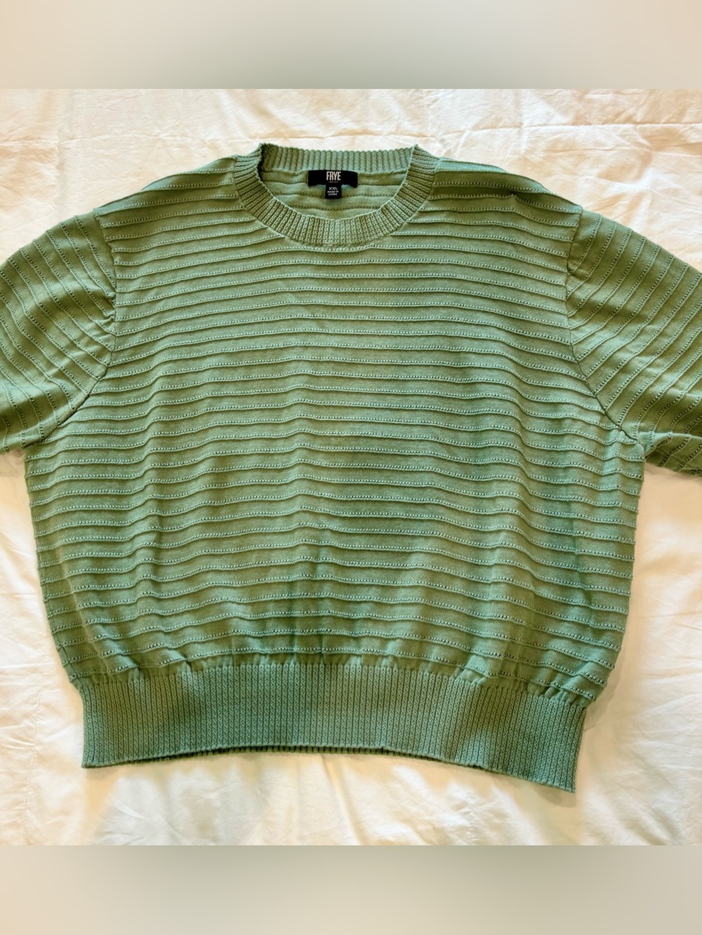 FRYE Sz XXL Sage Green Sweater Fine Gauge Cotton knit Ribbed Crew Short Sleeve - Picture 4 of 10